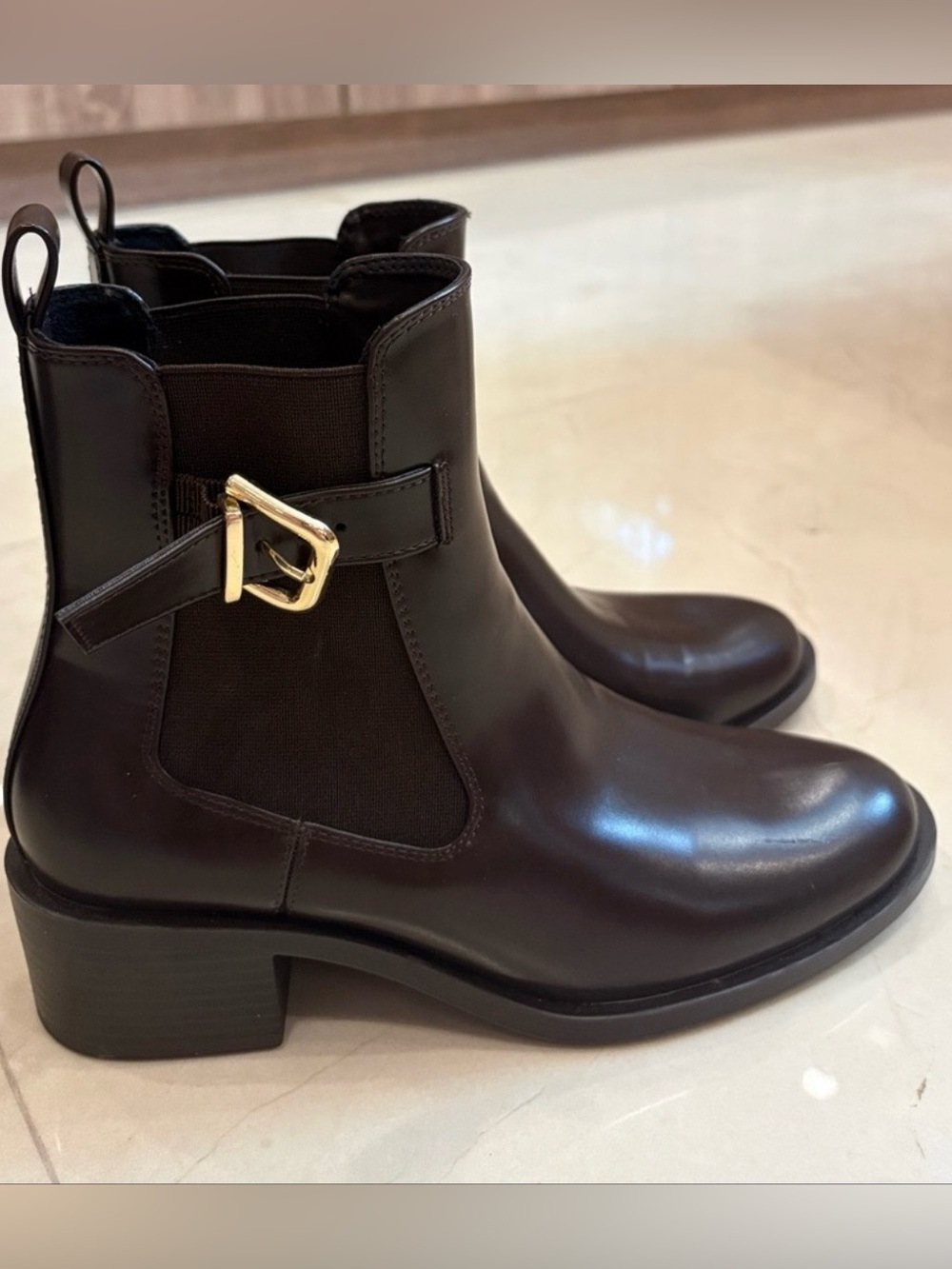 Zara Dark Brown Leather Ankle Boots with Gold Buckle